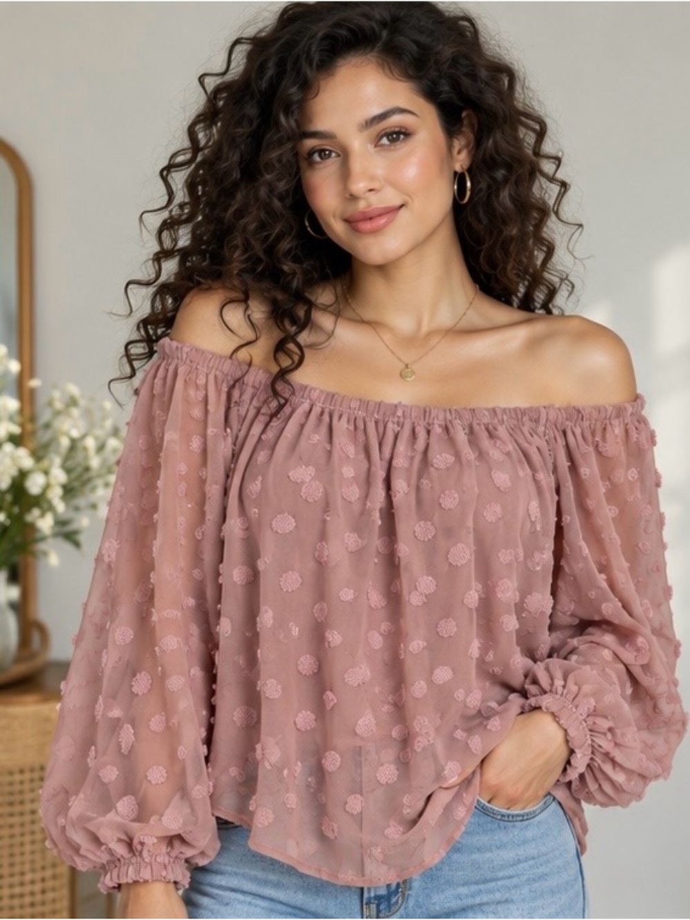 Dusty Mauve Swiss Dot Off Shoulder Blouse XL Romantic Boho Puff Sleeve NWT